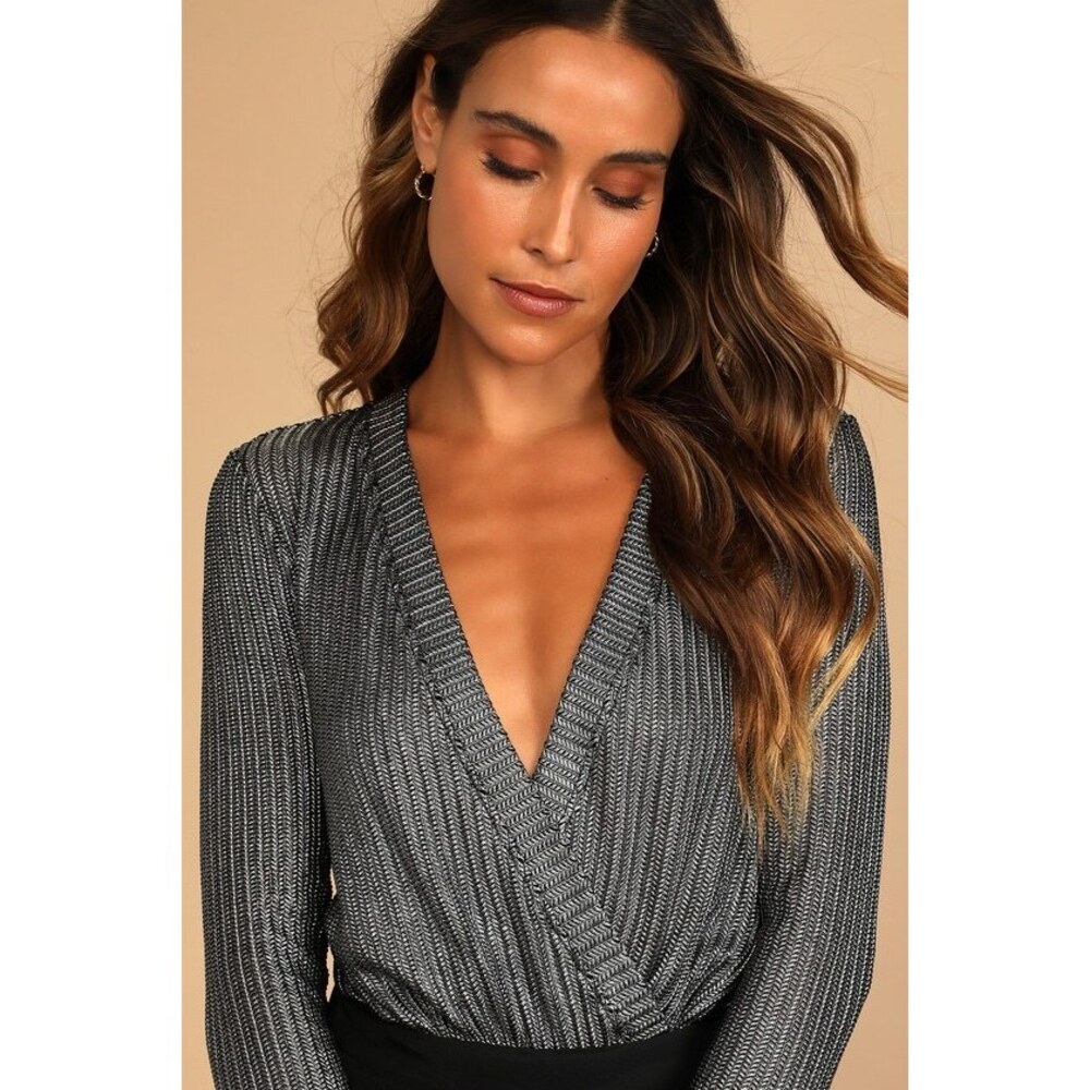 Lulus Do The Disco Silver Metallic Surplice Long Sleeve Bodysuit - Size S
